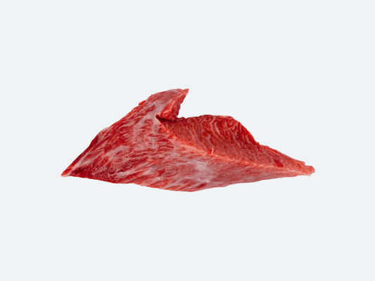 A piece of raw Bluefin Tuna Kama Toro with a deep red color and visible fat layers.