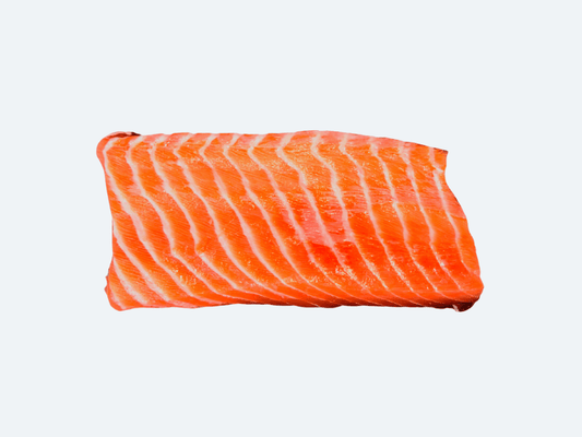 A fresh piece of salmon sashimi on a white background.